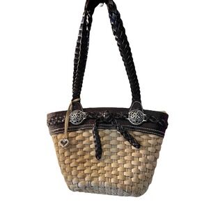 Brighton Straw and Black Leather Handles & Edging And Floral Inside Shoulder Bag